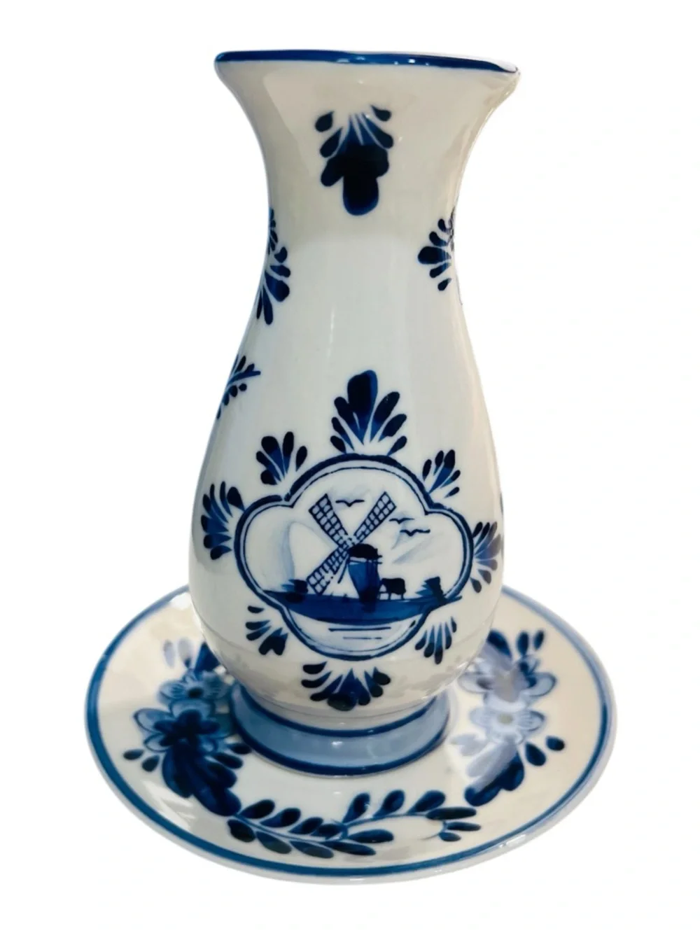 Vintage Delft Blue Bud Vase w Plate Handpainted Holland Windmill Floral 5.5”